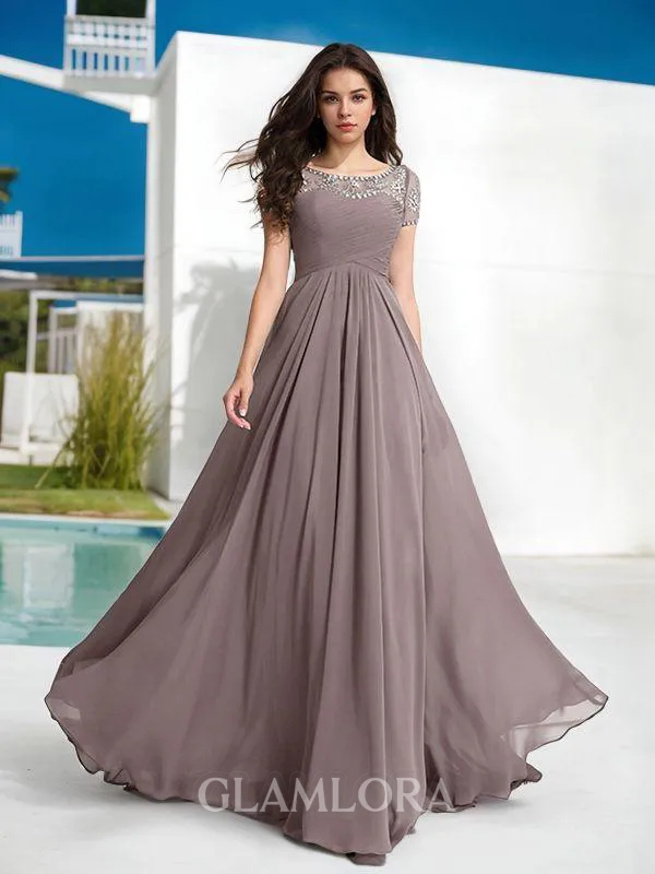 A-line Sheer Neck Short Sleeves Floor-Length Chiffon Graceful Prom Dress With Beading