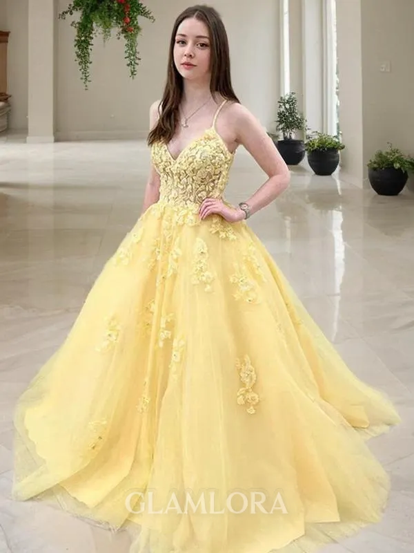 Ball-Gown Princess Dreamy V-Neck Sleeveless Sweep Train Tulle Corset Prom Dress