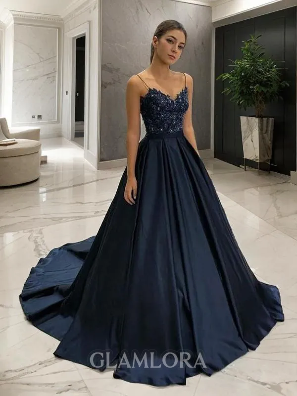 A-line V-Neck Sleeveless Classic Sweep Train Satin Corset Prom Dress