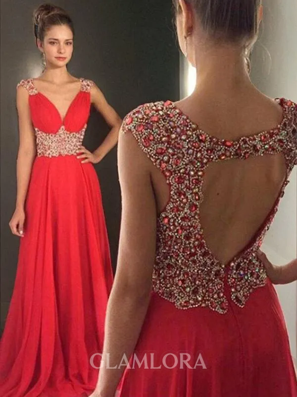 A-line V-Neck Sleeveless Sweep Train Timeless Chiffon Prom Dress With Beading