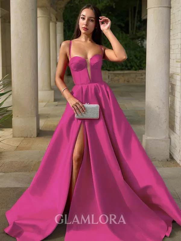 A-line Spaghetti Straps Sleeveless Sweep Train Satin Chic Prom Dress
