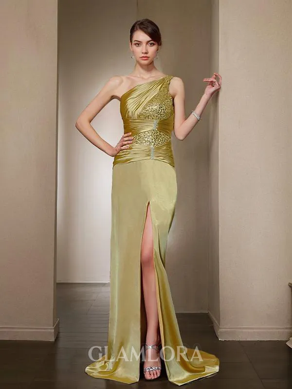 Attention-grabbing Sheath/Column One-Shoulder Sleeveless Sweep Train Silk like Satin Prom Dress With Slit