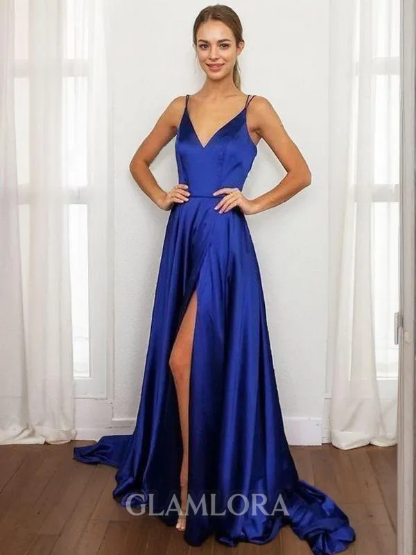 A-line V-Neck Simple Sleeveless Sweep Train Silk like Satin Prom Dress