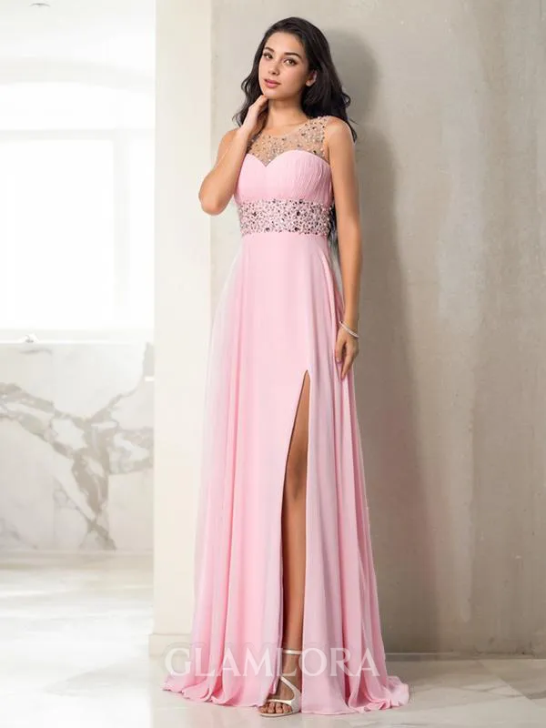 A-line Sheer Neck Sleeveless Sophisticated Sweep Train Chiffon Prom Dress With Beading