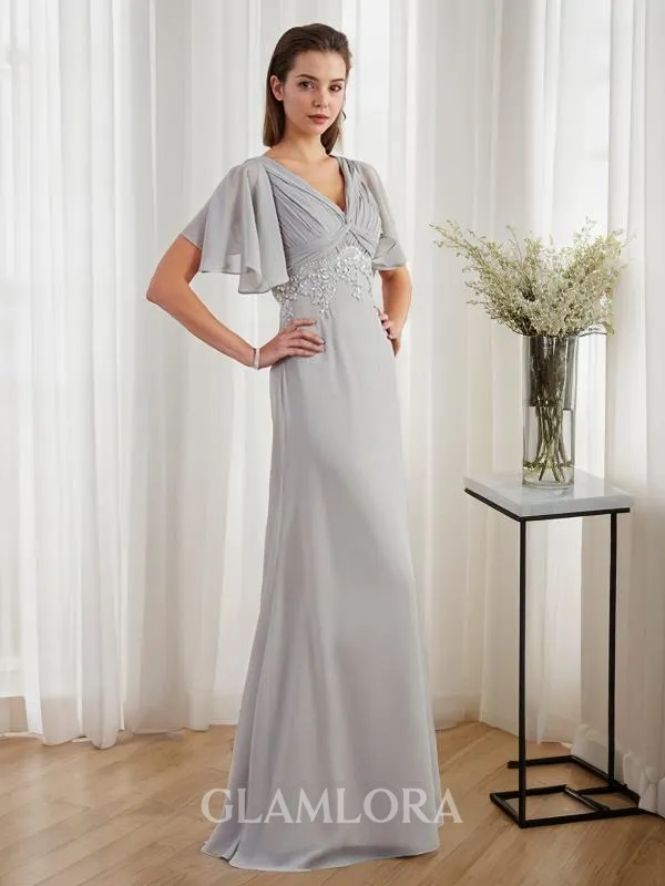 Sheath/Column V-Neck Short Sleeves Floor-Length Hot Chiffon Prom Dress With Beading