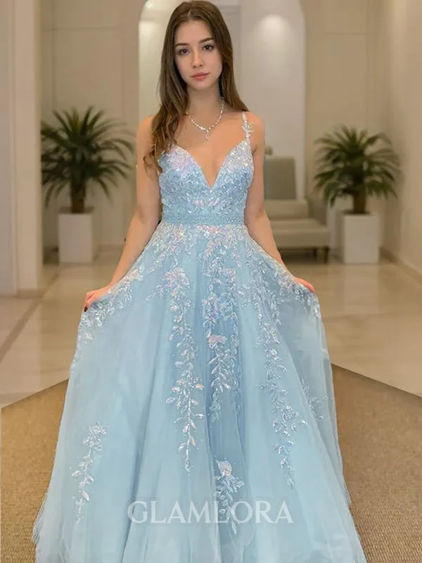 A-line Princess V-Neck Sleeveless Sweep Train Tulle Feminine Prom Dress