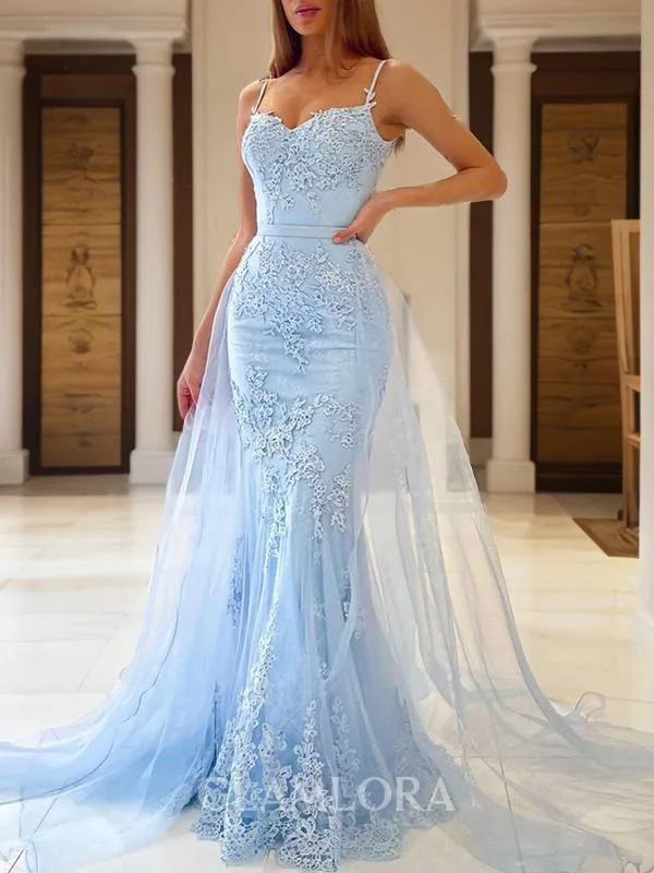 A-line Princess Spaghetti Straps Beautiful Sleeveless Court Train Tulle Prom Dress