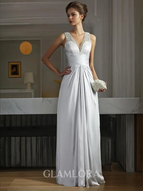 A-line Straps Sleeveless Floor-Length Delicate Silk like Satin Prom Dress With Beading