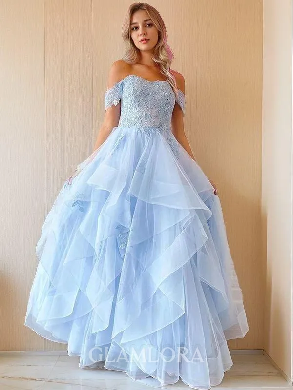 A-line Princess Off-the-Shoulder Sleeveless Floor-Length Tulle Balanced Prom Dress