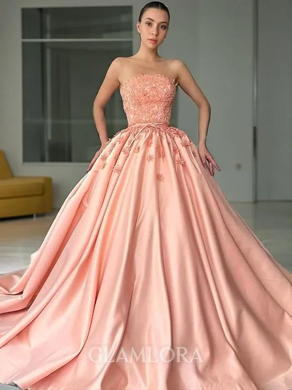 Glam Ball-Gown Strapless Sleeveless Sweep Train Satin Prom Dress