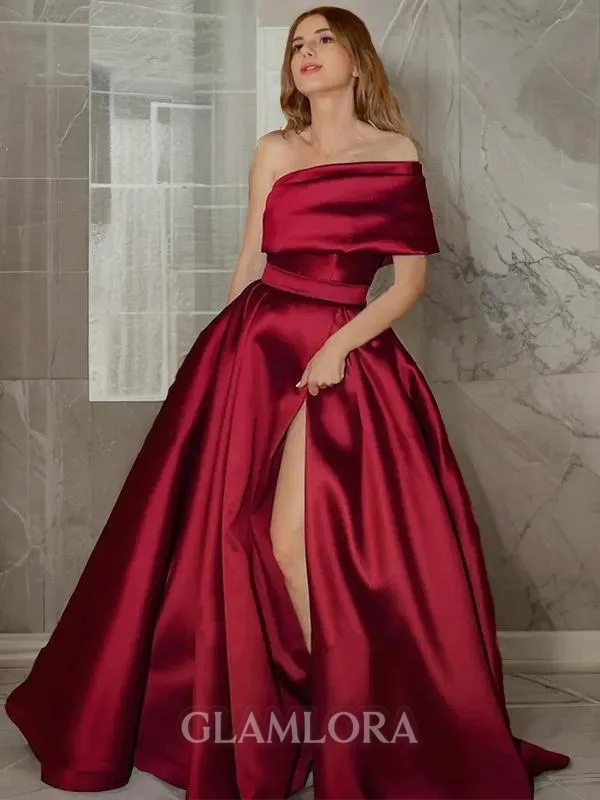 A-line One-Shoulder Sleeveless Refined Sweep Train Satin Prom Dress