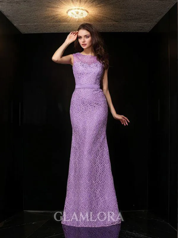 Sheath/Column Scoop Sleeveless Floor-Length Exquisite Lace Prom Dress With Lace