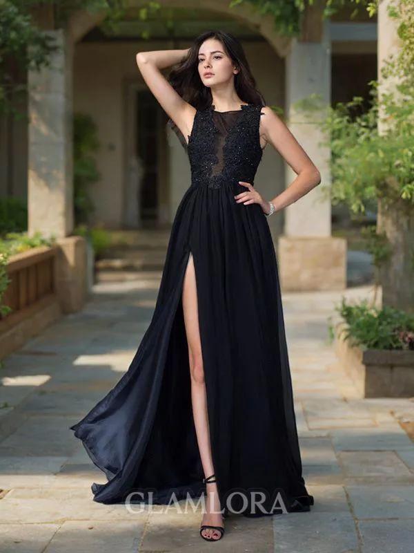 Elegant A-line Scoop Sleeveless Sweep Train Chiffon Prom Dress With Applique