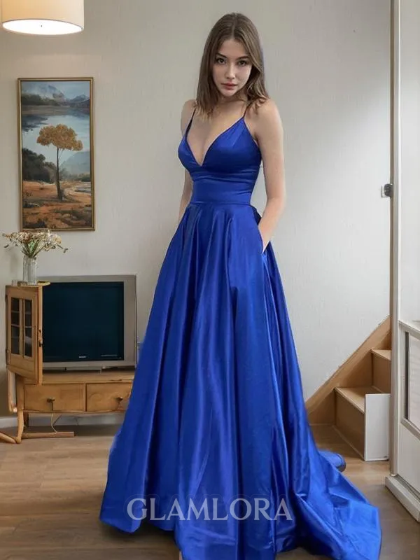 A-line V-Neck Sleeveless Charming Sweep Train Satin Prom Dress