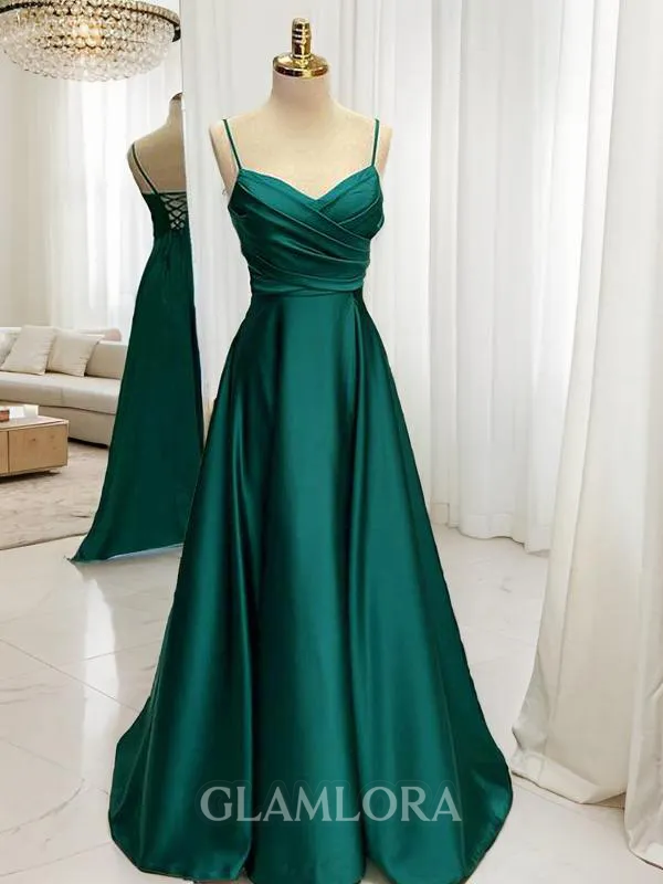 A-line V-Neck Sleeveless Sweep Train Silk like Satin Stunning Prom Dress