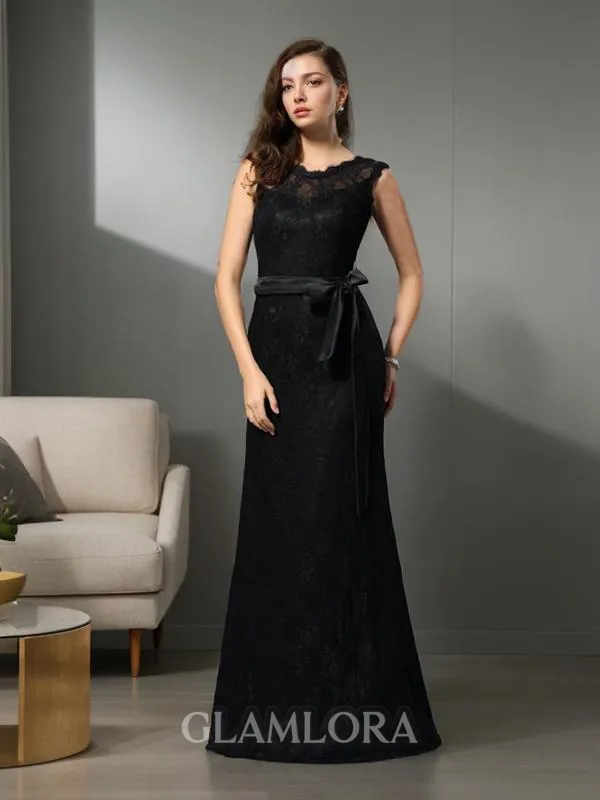 Sheath/Column Minimalist Scoop Sleeveless Floor-Length Satin Prom Dress With Lace