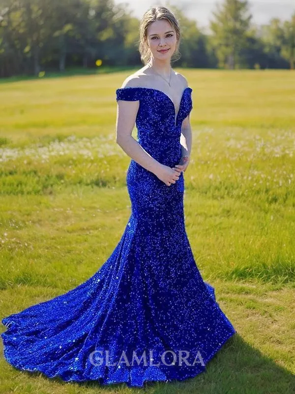 Sheath/Column Off-the-Shoulder Sleeveless Sweep Train Dazzling Velvet Sequins Prom Dress