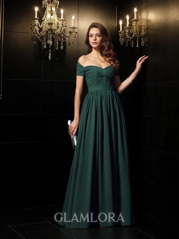 A-line Off-the-Shoulder Sleeveless Floor-Length Perfect Chiffon Prom Dress With Ruched