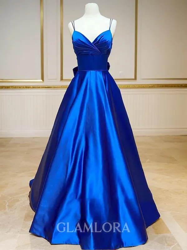 A-line V-Neck Sleeveless Court Train Satin Trendy Prom Dress