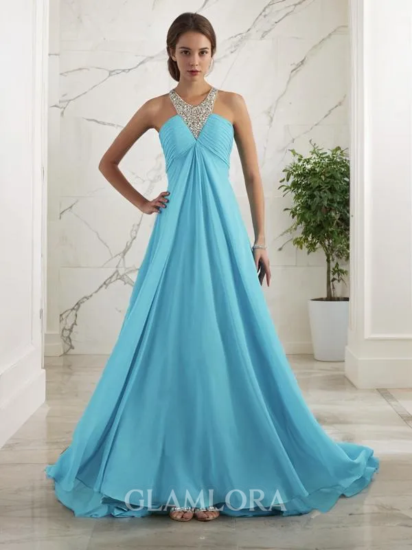 Classic Empire Halter Sleeveless Floor-Length Chiffon Prom Dress With Beading