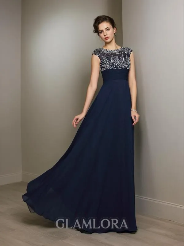 A-line Fashion Scoop Short Sleeves Floor-Length Chiffon Prom Dress With Beading