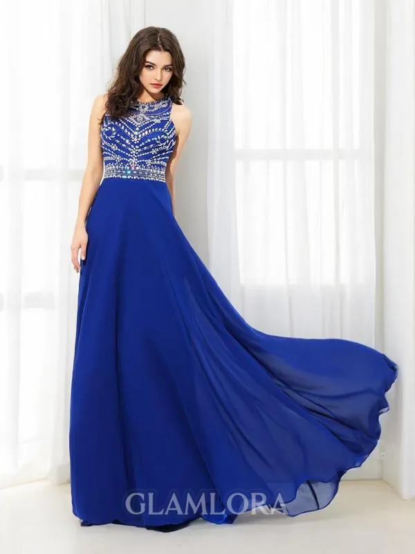 A-line Scoop Sleeveless Floor-Length Chiffon Pretty Prom Dress With Beading