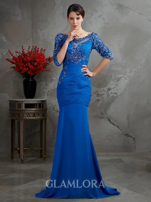 Trumpet/Mermaid Striking Scoop 1/2 Sleeves Sweep Train Chiffon Prom Dress