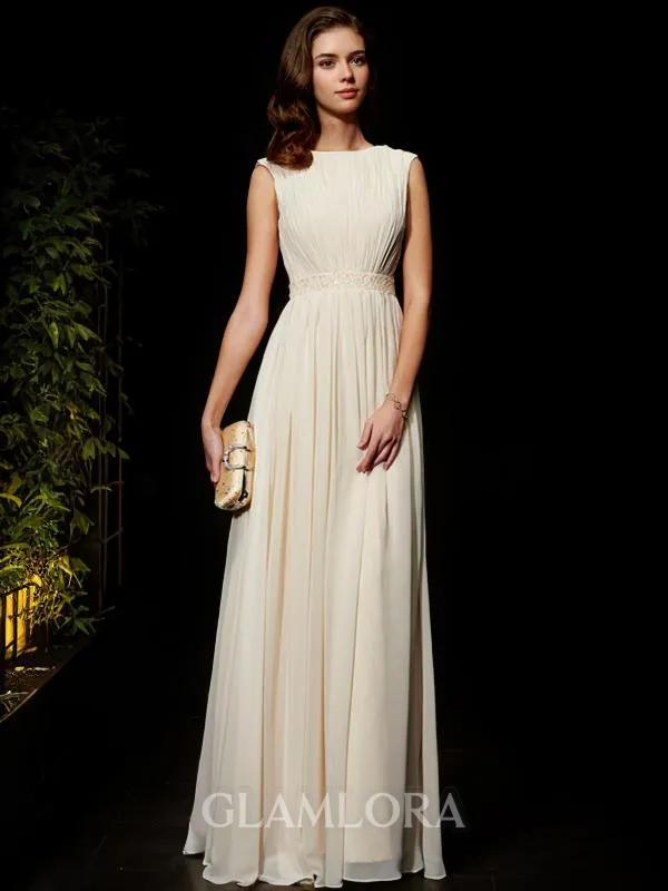 A-line Jewel Charming Sleeveless Floor-Length Chiffon Prom Dress With Beading