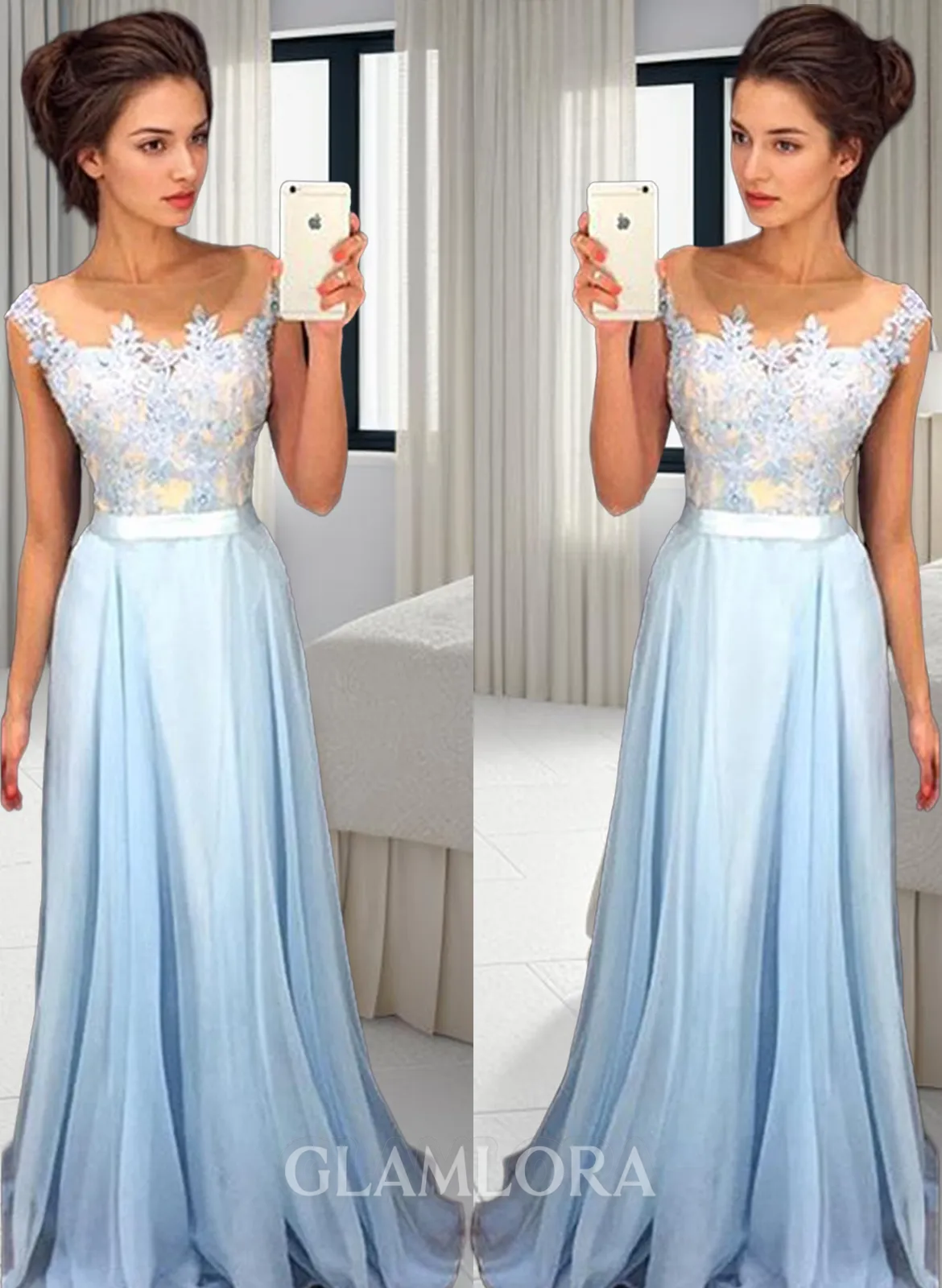 A-line Sheer Neck Sleeveless Floor-Length Delicate Chiffon Prom Dress With Applique