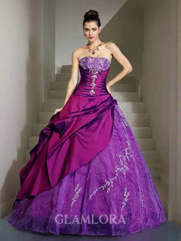Ball-Gown Strapless Sleeveless Floor-Length Regal Taffeta Prom Dress With Applique