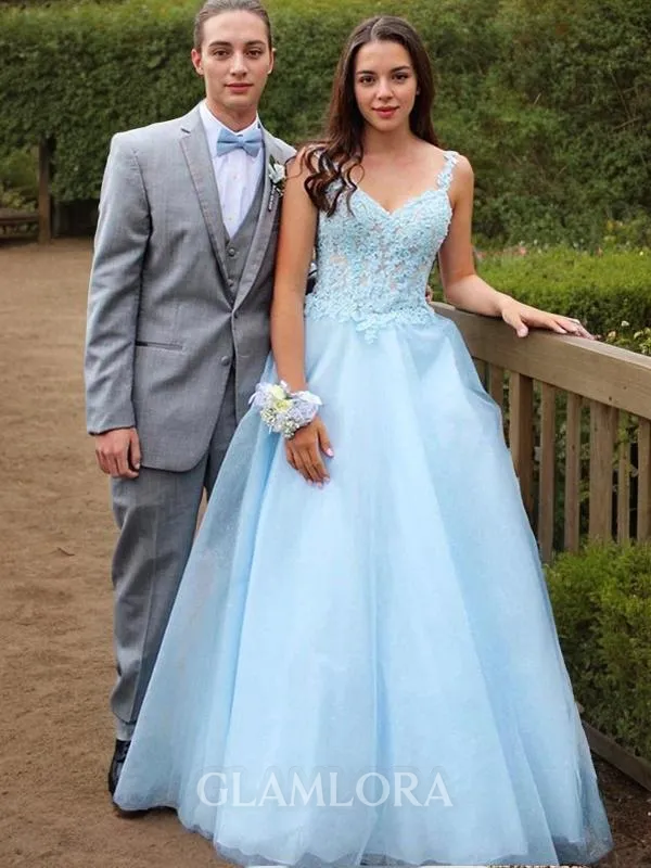 Dazzling A-line Princess V-Neck Sleeveless Floor-Length Tulle Corset Prom Dress