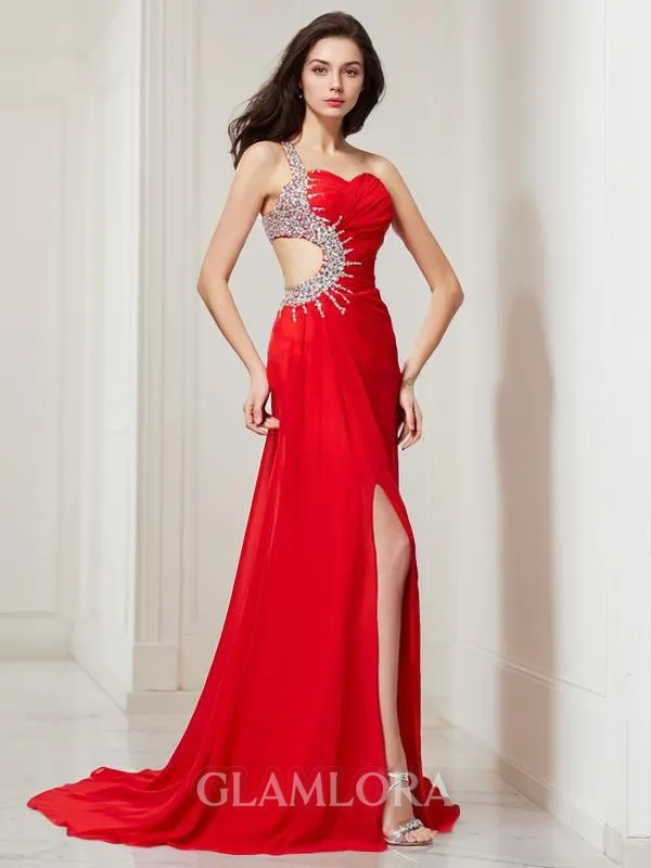 Trumpet/Mermaid Sensual One-Shoulder Sleeveless Sweep Train Chiffon Prom Dress With Beading Pleats