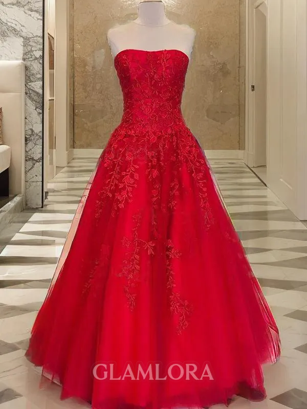 A-line Princess Strapless Classy Sleeveless Floor-Length Tulle Corset Prom Dress