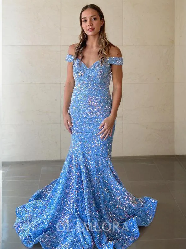 Trumpet/Mermaid Off-the-Shoulder Sleeveless Twinkling Floor-Length Velvet Sequins Prom Dress