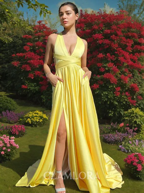 A-line V-Neck Sleeveless Sweep Train Flattering Silk like Satin Prom Dress