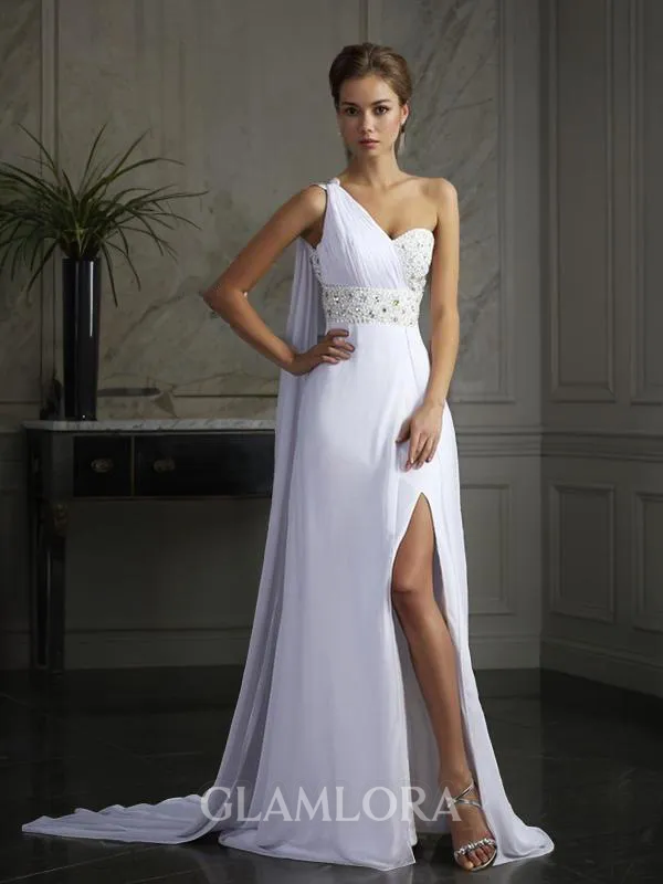 Sheath/Column Elegant One-Shoulder Sleeveless Sweep Train Open Back Chiffon Prom Dress With Beading