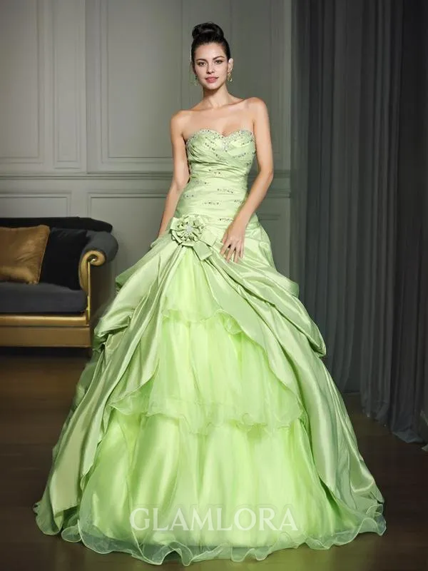 Ball-Gown Sweetheart Opulent Sleeveless Floor-Length Taffeta Prom Dress With Hand-Made Flower