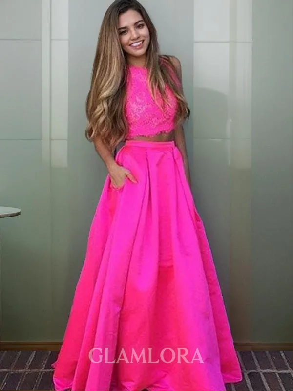 A-line Scoop Sleeveless Graceful Floor-Length Satin Prom Dress With Lace