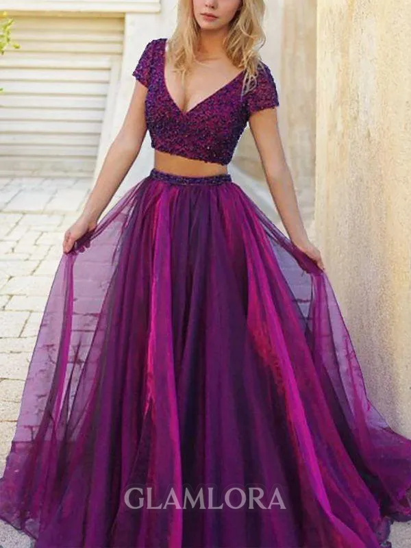 A-line Princess V-Neck Short Sleeves Floor-Length Elegant Tulle Prom Dress With Beading