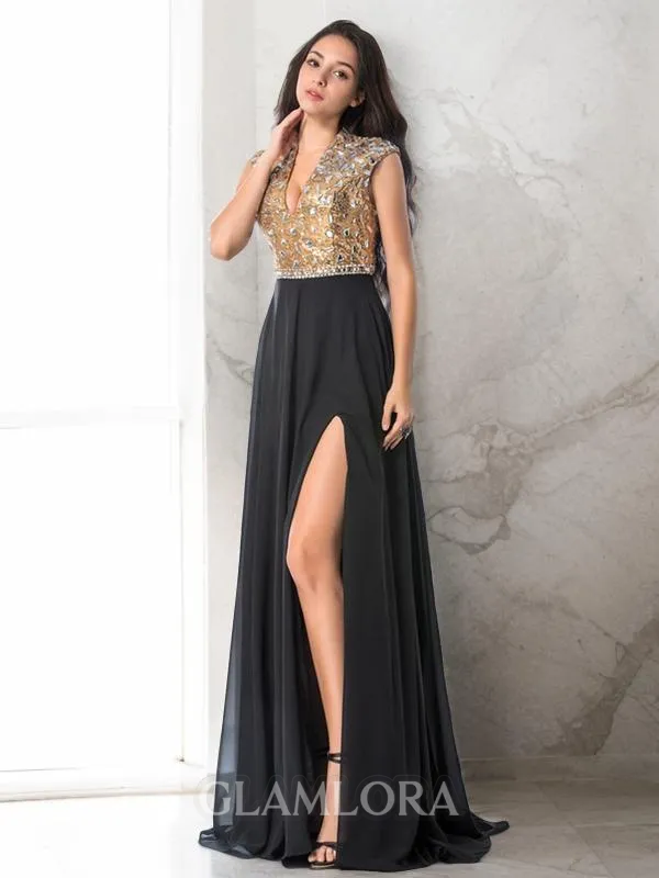 A-line V-Neck Sleeveless Sweep Train Classic Chiffon Prom Dress With Slit