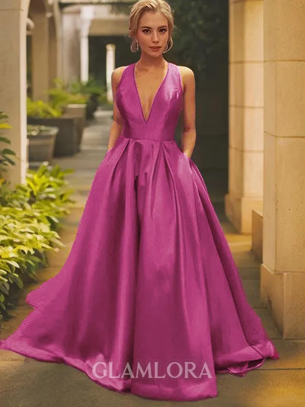 Timeless A-line V-Neck Sleeveless Sweep Train Satin Prom Dress With Ruffles