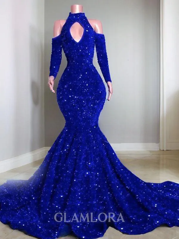 Trumpet/Mermaid High Neck Long Sleeves Radiant Chapel Train Velvet Sequins Prom Dress