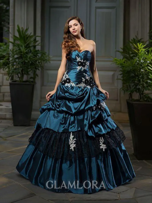 Ball-Gown Sweetheart Sleeveless Floor-Length Grand Taffeta Prom Dress With Beading Applique