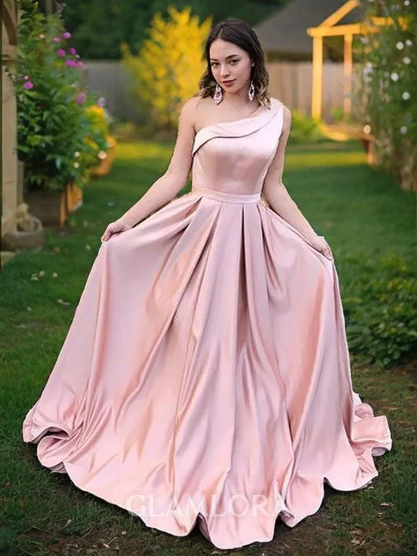 A-line Stylish One-Shoulder Sleeveless Sweep Train Satin Prom Dress With Ruffles