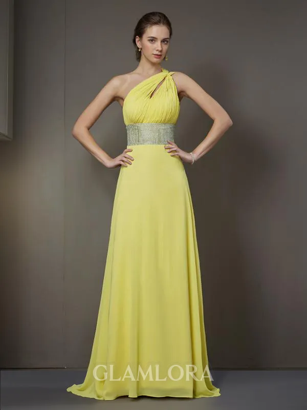 A-line One-Shoulder Sleeveless Simple Floor-Length Chiffon Prom Dress With Beading