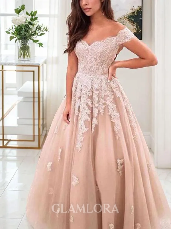 A-line Princess Flowing Off-the-Shoulder Sleeveless Floor-Length Tulle Corset Prom Dress With Applique