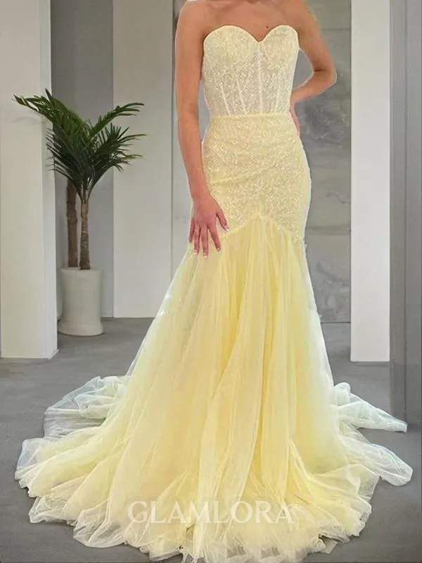 Sheath/Column Sweetheart Sleeveless Sweep Train Chic Tulle Corset Prom Dress