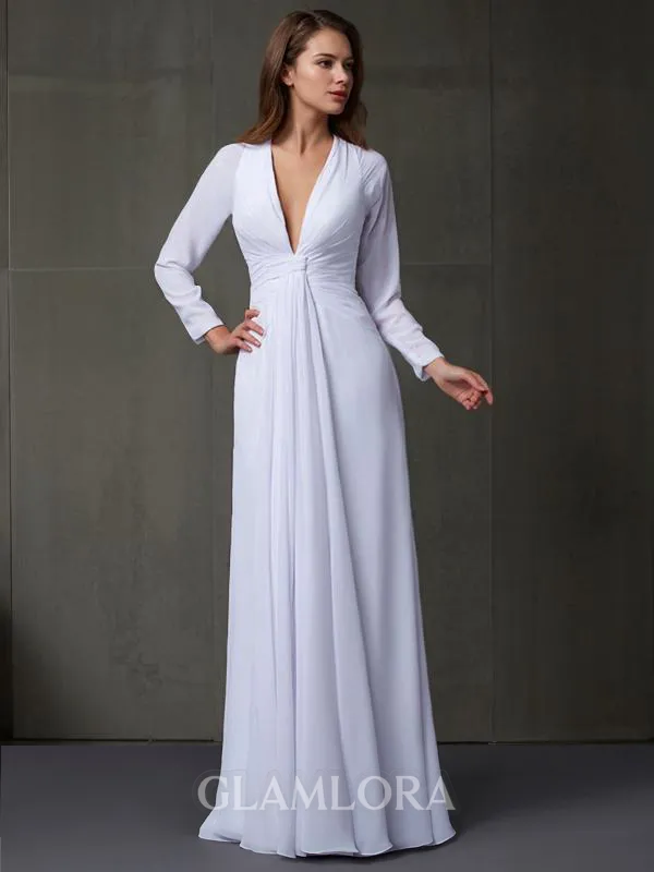 Sheath/Column V-Neck Long Sleeves Floor-Length Chiffon Graceful Prom Dress With Ruched