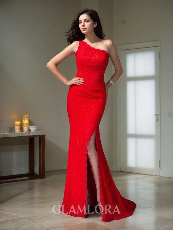 Trumpet/Mermaid One-Shoulder Sleeveless Sweep Train Exquisite Lace Prom Dress