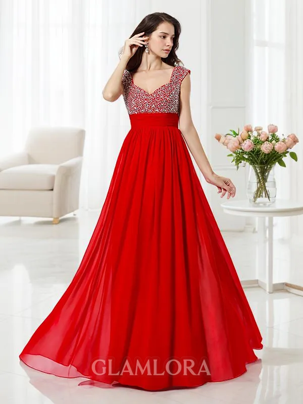 A-line Straps Sleeveless Floor-Length Charming Chiffon Prom Dress With Beading Paillette